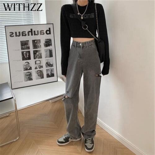 WITHZZ Spring Summer Womans Loose Smoky Gray Hole Denim Wide Leg Straight Pants High Waist Female Jeans