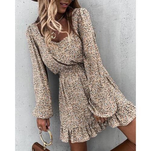 2020 Women Fashion Elegant Casual Autumn Square Neck Long Sleeve Loose Floral Print Bloomer Sleeve Ruffles Skinny Waist Dresses