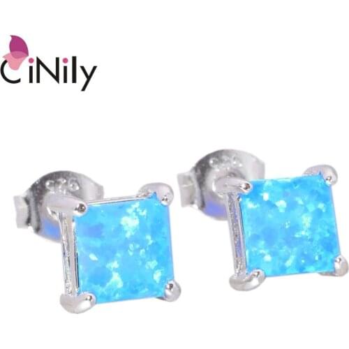 CiNily Soild 925 Sterling Silver Created Blue White Fire Opal Wholesale Square-Shape for Women Jewelry Stud Earrings SE018-19