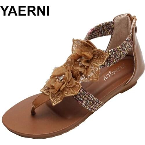 YAERNI Wedge sandals womens summer European and American 2021 new fashion flip-flop Roman shoes flower Western mom shoes