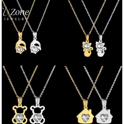 UZone Cute Cat Dolphin Bear House Pendant Necklace for Women Girl Stainless Steel Rhinestone Animal Heart Necklace 2018 Kolye