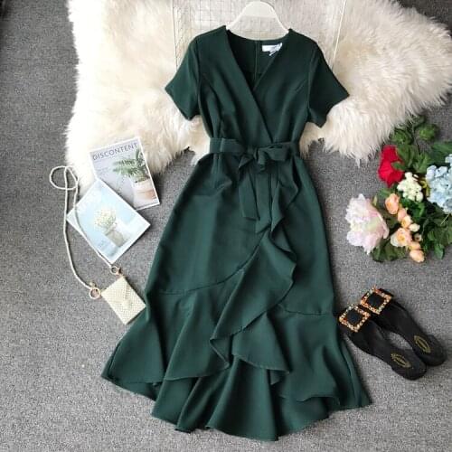 Women Dress Sexy Dress Ruffled Slit Lace Slim Thin V-neck Short Sleeve Dress Women Mid-length Irregular Dress