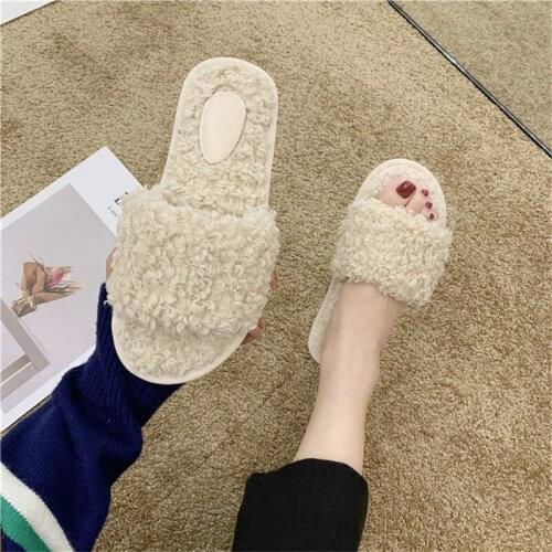 Winter Fashion Women Home Slippers Faux Fur Warm Shoes Woman Beige Basic Flats Female Fur 1.5cm Heel Plus Size 36-41