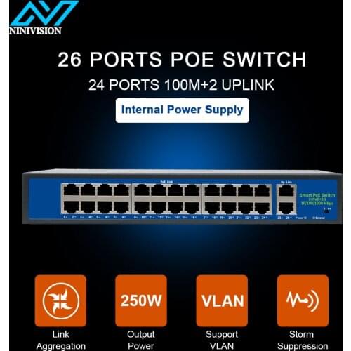 52V Network POE Switch Ethernet 10/100/1000Mbps 24ports IEEE 802.3af/at Suitable for IP camera/Wireless AP/CCTV camera 250m