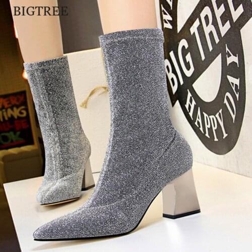 Size 40 Sequined Cloth Sexy Sock Boots 2021 Autumn Metal High Heels Women Boots Silver Elastic Pointed Toe Fashion Female Shoes