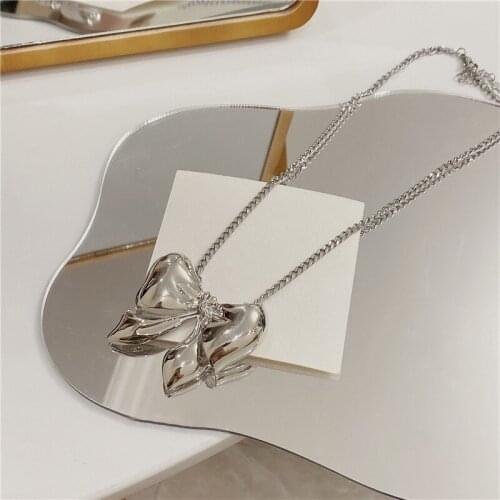 Lifefontier Punk Big Metal Bowknot Pendant Choker Necklaces for Women Silver Color Link Chain Necklace Party Jewelry Accessories