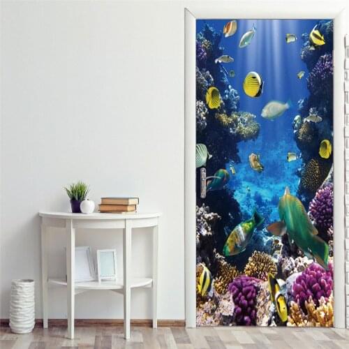 Sea World Stickers on the Doors Peel and Stick Wallpaper Vinyl Door Murals Home Design Bathroom Kid Room Wall Decals derstickers