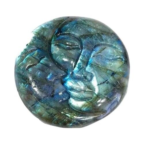 Hand Carved Natural blue Flash Labradorite Plam Stone Sun And Moon Face Carving