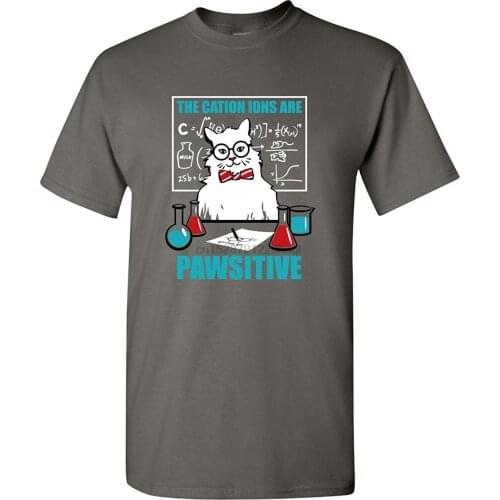 2019 New Short Sleeve Casual Chemistry Cat Science Teacher Cation Funny Humor Pun Men Adult Graphic Man T Shirt Good Quality