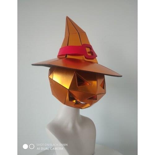 Golden Mirror Pumpkin Headgear Helmet Halloween Wizard Hat nightclub party evening cosplay prop future technology mask