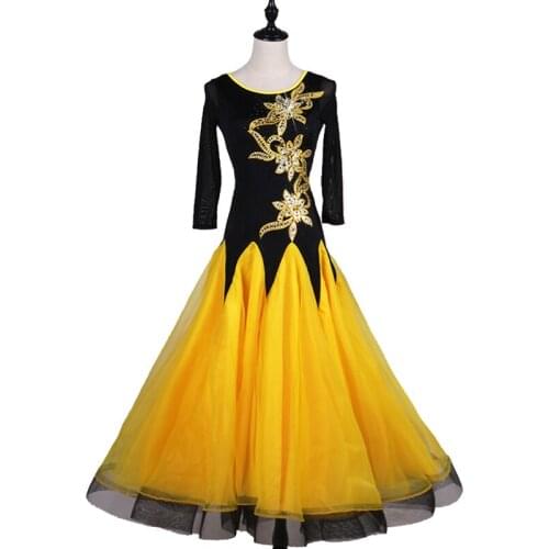 Original Latin Dance Dress For Ladies Yellow Black Print Color Skirt New Women Chacha Ballroom Indian Rehearsal Fashions Y10514