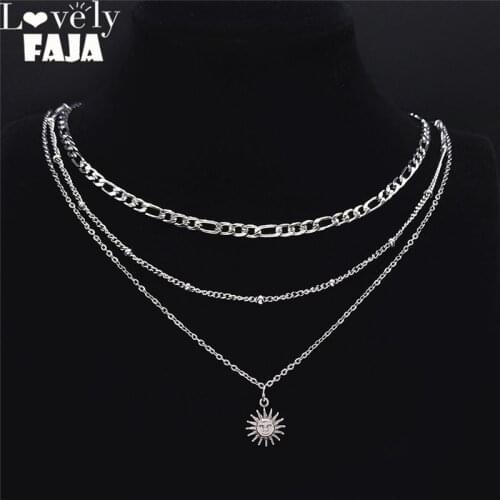 3PCS Boho Divining Sun Stainless Steel 3 Layers Necklace Women Small Bohemia Statement Necklace Jewelry bijoux NXS04