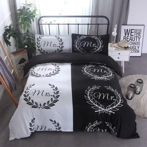 Modern White Black Lovers Duvet Cover + 2Pcs Pillow Cases Bedding Set US EU Queen Size Mrs Mr Quilt Case