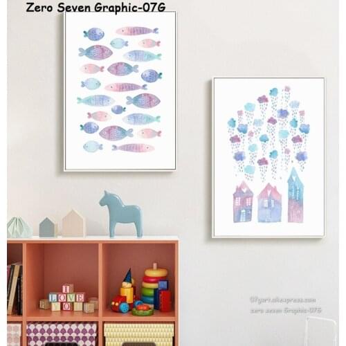 Fresh And Elegant Watercolor Dreamy Color Fish And Castle Canvas Print Wall Art Painting Poster Print For Living Room Decoration