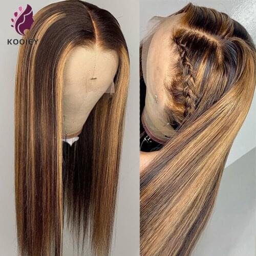 Highlight Brown Blonde Colored Human Hair Wigs 13x6x1 Ombre Straight T Part Lace Wig Brazilian Remy Hair With Natural Hairline