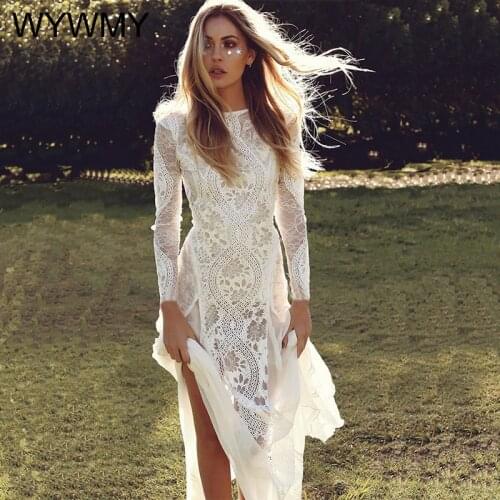 WYWMY 2021 Summer Women Long Dress Vintage Long Sleeve Floor Length Party Dress Sexy Backless White Lace Maxi Dresses Plus Size