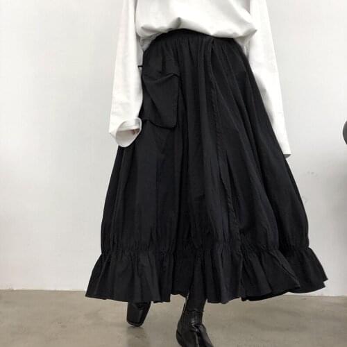 Spring and Autumn womens new solid color large pocket slit frilled skirt fashion skirt irregular high waist A skirt