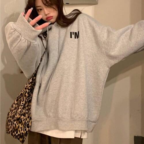 Autumn Winter Fleece Hooded Sweatshirt Womens Korean Fashion Pullover Casual Hoodies Long Sleeve Loose Letter Print Streetwear