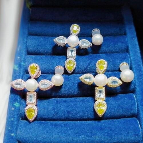 SLJELY Fashion Real 925 Sterling Silver Asymmetry Yellow and White Crystal Zircon Cross Pearl AB Earrings Women Fine Jewelry