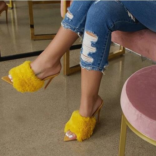 Sweet Open Toe Stiletto High Heel Slippers Woman Faux Fur Slip On Yellow Outside Pumps Woman Casual Party Dress Slippers