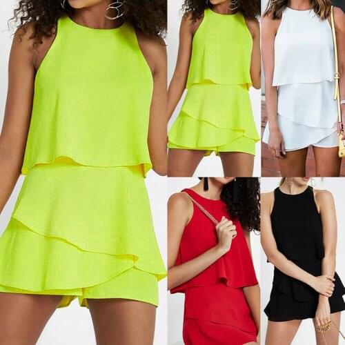 2019 Summer Women Sleeveless Ruffle Mini Playsuit Ladies Casual Holiday Beach Ladies Short Jumpsuit Romper Solid Crew Neck