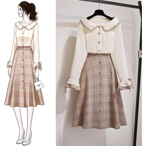 Plus Size Womens Long-sleeved Dress Womens Autumn New Style Small Fragrant Wind Waist Skirt Two-piece Suit