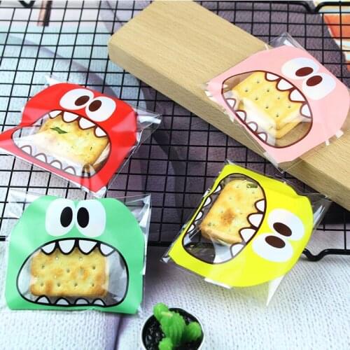 100pcs Big Teech Mouth Monster Cute Gift Bag Plastic Self Adhesive Candy Cookie Packaging Bags Wedding Birthday Party Favors
