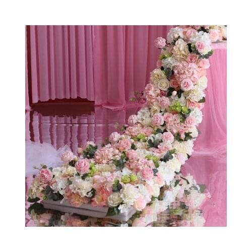 2.1 Meter length White with hot pink roses Wedding Flower table runner Artifical Silk Flower Backdrop Wedding Decoration