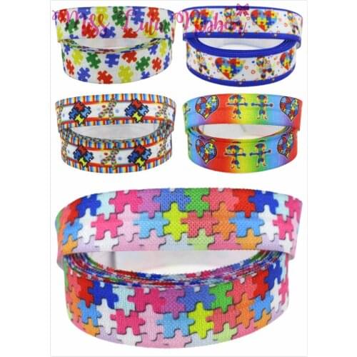 5/8"16mm Jigsaw Series Gradient Color Printed Fold Over Elastic Ribbon DIY Party Decor Hair Band Making 50yards/roll