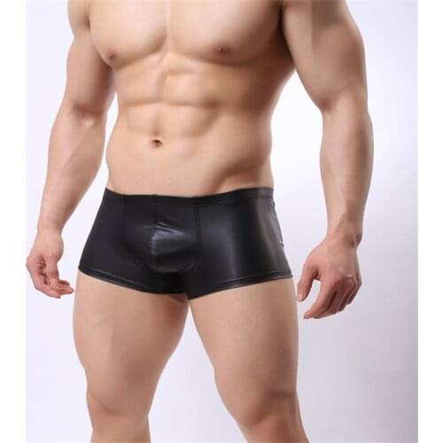 Sexy Mens Boxer Underwear PU Leather Sexy Underpants Cool Breathable Male Boxer Shorts Mens cueca U Convex Pouch Boxers
