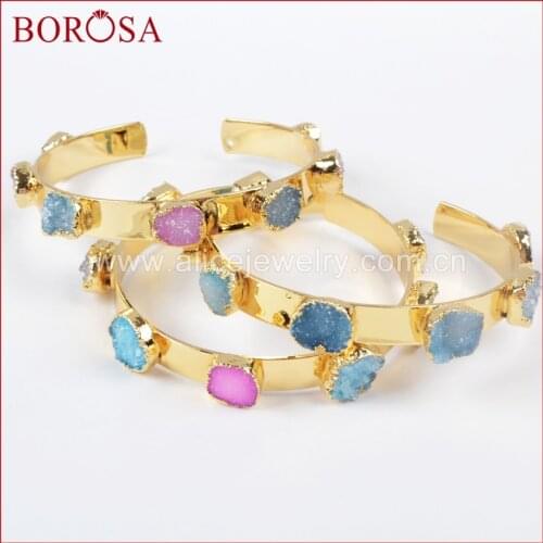 BOROSA Design Wholesale 5pcs Druzy Small Size Gold Color Brass Seven Rainbow Crystal Druzy Bangle For Women G1098
