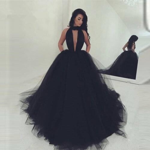 Black Muslim Evening Dresses Ball Gown Halter Tulle Open Back Sexy Islamic Dubai Saudi Arabic Long Formal Evening Gown