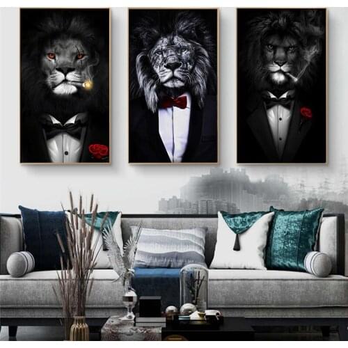 Black Wild Lion in a Suit Canvas Art Posters And Prints Abstract Lion Smoking a Cigar Canvas Paintings On the Wall Art Pictures
