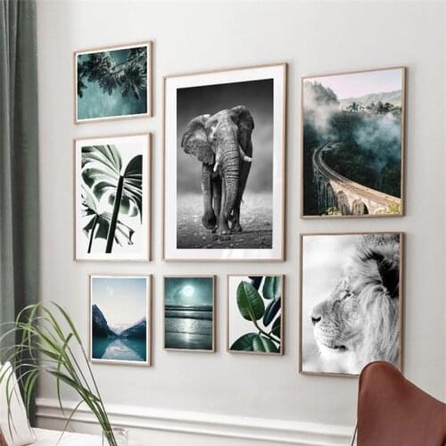 Jungle Wild Lion Elephant Green Leaf Plant Moon Lake Nordic Poster Wall Art Print Canvas Painting Decor Pictures For Living Room