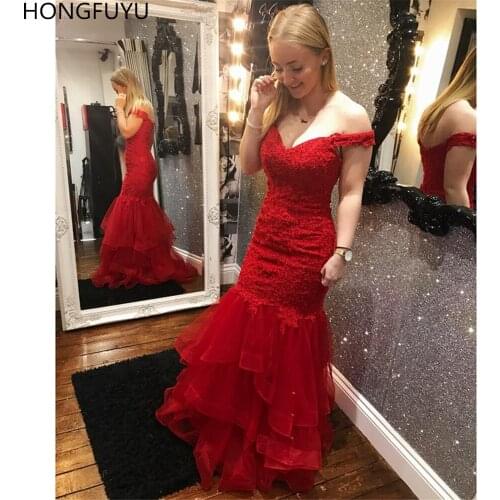 HONGFUYU Sexy Mermaid Prom Dresses Off Shoulder Lace Appliques Evening Gowns abiti da sera Red Formal Party Dress abendkleider