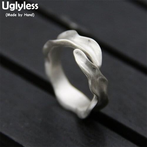 Uglyless Real S 999 Silver Fine Jewelry for Women Irregular Design Handmade Brushed Leaf Finger Rings Simple Fashion Open Bijoux