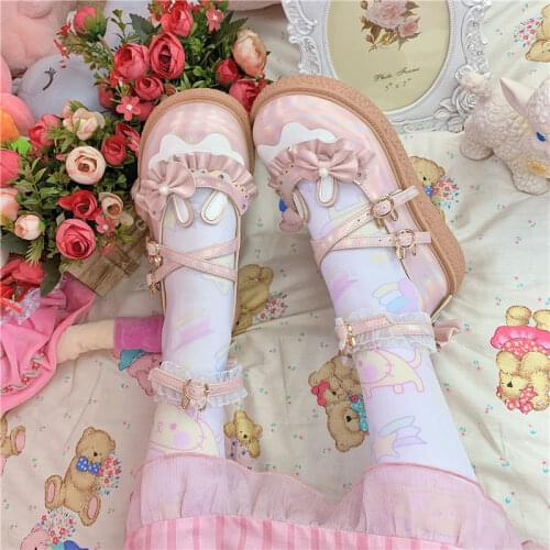 Lisapie Japanese Sweet Lolita Shoes Rabbit Ears Bow Mary Jane Shoes Anime JK Women Ruffles Lace Round Head Kawaii Leather Shoes