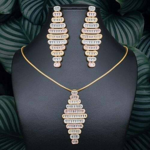 ModemAngel Luxury Ladder Shape Dangle 3A Cubic Zirconia Gold Color 3Tones Copper Pendant Necklace Earrings Women Fashion Jewelry