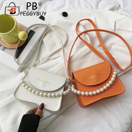 Fashion Women PU Shoulder Bag Casual Pearl Pure Color Mini Flap Messenger Bags Women 2021 Pleated Female Handbag