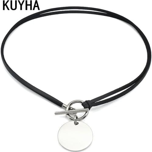 Fashion Collar Punk Round Choker Brown/Black Braided Leather Neck Buckle Necklaces With Round Charm Jewelry For Couple