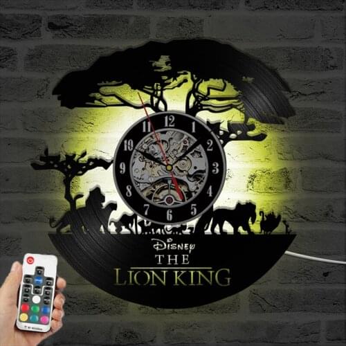 The Cartoon Lion King Vinyl Record Wall Clock Antique Style 3D Record Wall Art for Kids Room Decor LED Change Vinyl Wall Watch