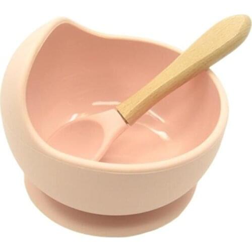 New Baby Eating Utensils Silicone Baby Feeding Bowl Set Baby Learning Dishes Suction Bowl Set Wood Non-Slip Spoon For Toddler