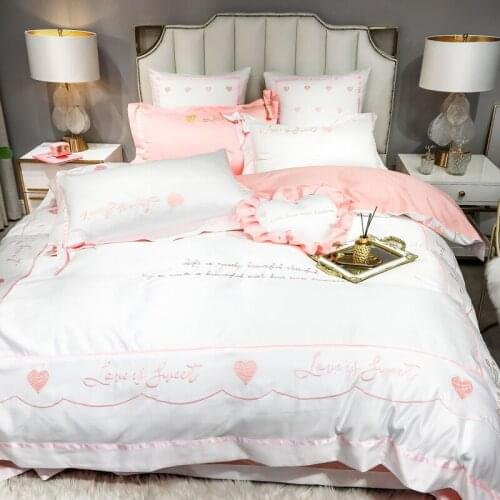 Pink Satin Silk Embroidery Wedding Bedding Set Luxurious Duvet Cover Bed Set Flat Sheet Pillowcases Queen King For Girls #s