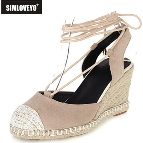 SIMLOVEYO 2021 Leisure Cap Toe Sandals Suede Slingbacks Roman Shoes Ankle Cross Strap Rattan Wedges 7.5cm Size 30-44 Brown A4169