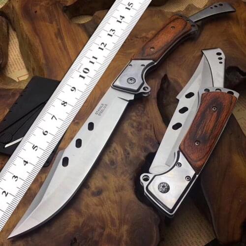 Folding Pocket Stainless Steel Blade Handle Wood Outdoors Camping Self-defense Weapon Tactical Folding Edc Tool Hunting Knife