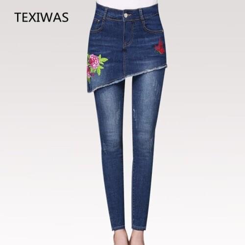 TEXIWAS 2021 autumn new women embroidered denim irregular skirt pants fashion fake two pieces of cowboy pencil long pants