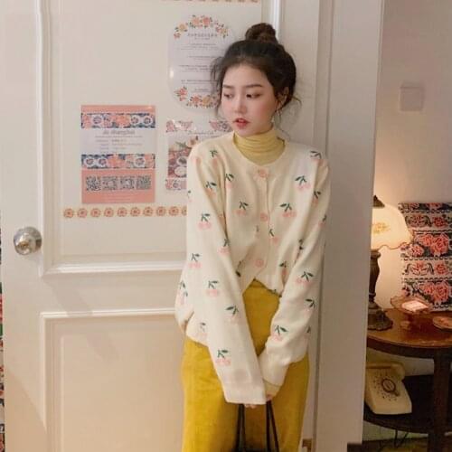 Knitted Cherry Embroidery Women Cardigan + Turtleneck Long Sleeve Top + Midi Skirt 3 Piece Set 2020 Autumn Korean Sweater Coats