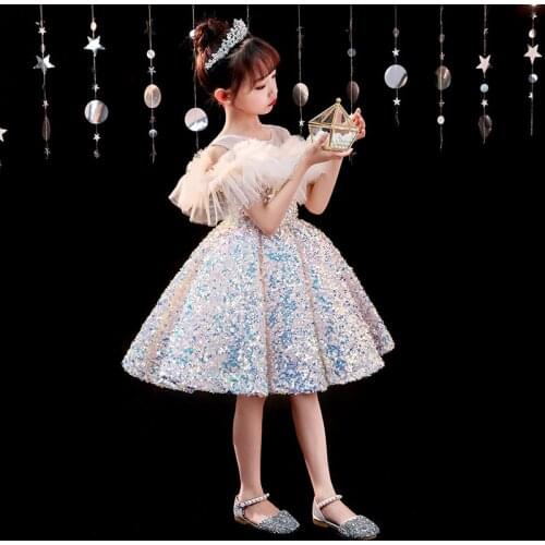 Evening Dress for Girls Kids Elegant Ball Gowns Teen Birthday Party Dresses Children Feather Sequins Frocks Girl Tutu Vestidos