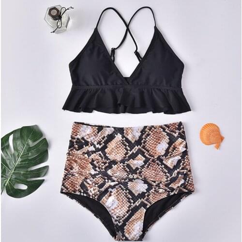 #Z35 Fashion New Snake Print High Waist Swimwear Women Swimsuit Sexy Bikini Set Ruffles Top Print Bottom Paded Bathing Beachwear