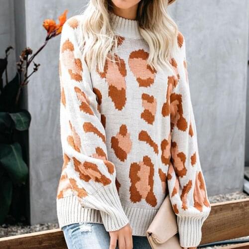 Women Casual Knitwear Pullover O Neck Long Sleeve Leopard Patchwork women sweaters and pullovers